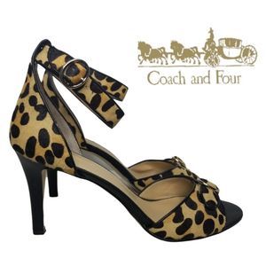 Coach and Four Real Fur Leopard Print Heel Womens Shoe Ankle Strap Sz 9